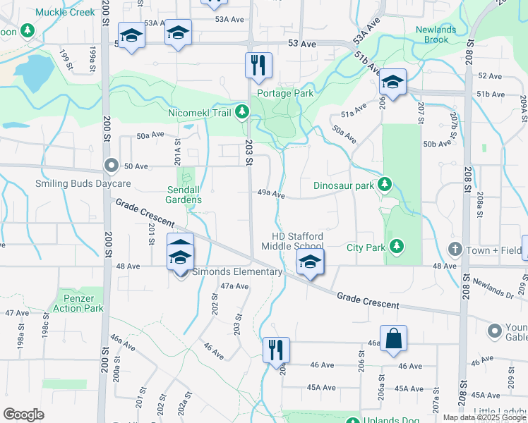 map of restaurants, bars, coffee shops, grocery stores, and more near 4920 203 Street in Langley