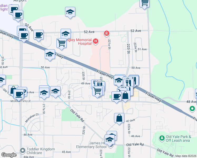 map of restaurants, bars, coffee shops, grocery stores, and more near 22087 49 Avenue in Langley Township