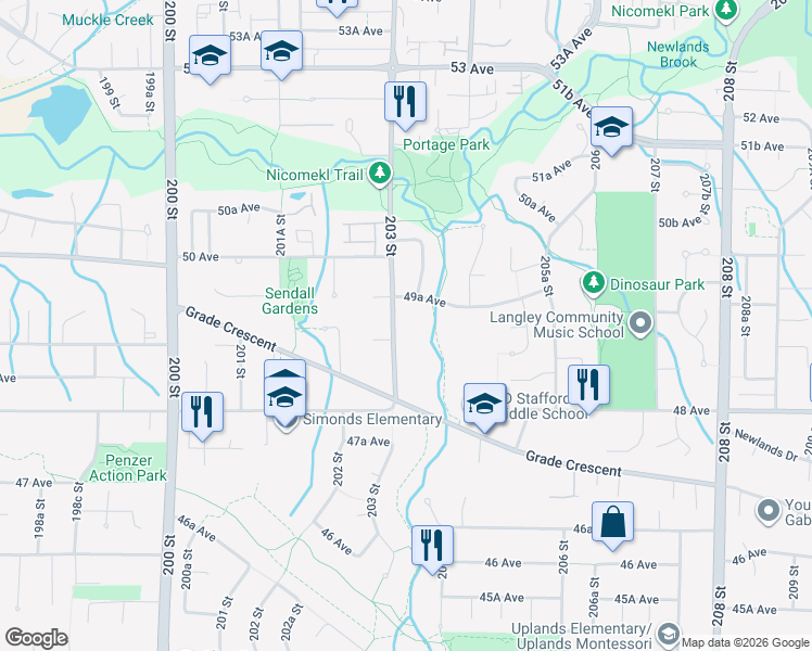 map of restaurants, bars, coffee shops, grocery stores, and more near 4920 203 Street in Langley