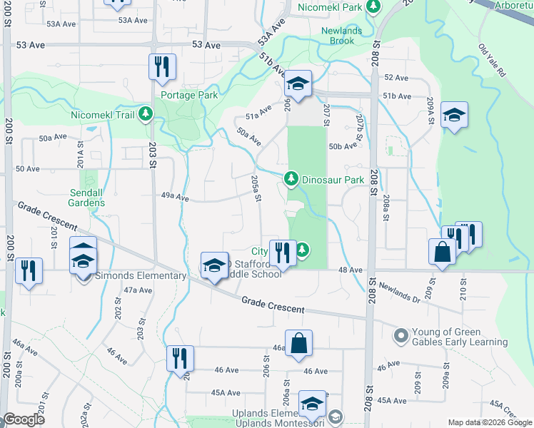 map of restaurants, bars, coffee shops, grocery stores, and more near 4898 205A Street in Langley