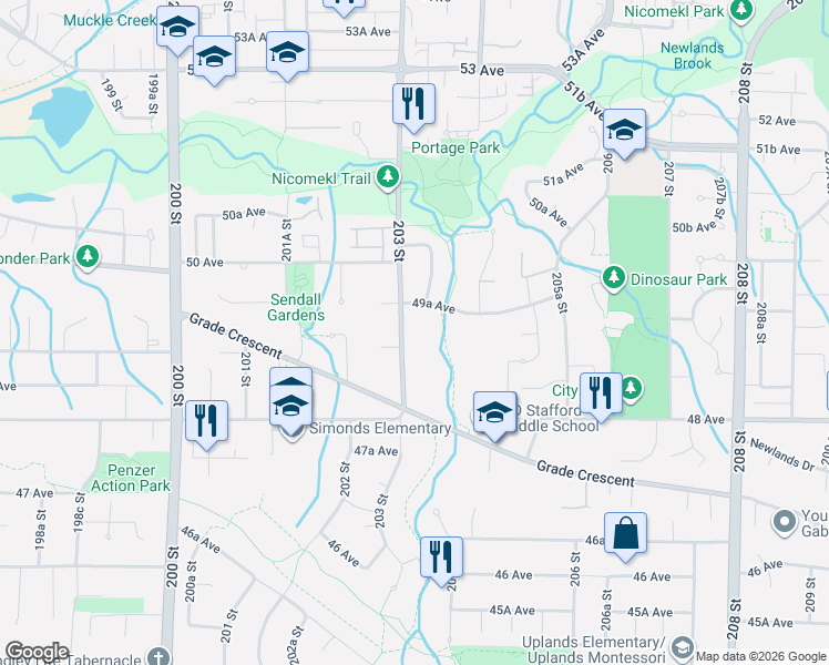 map of restaurants, bars, coffee shops, grocery stores, and more near 4954 203 Street in Langley