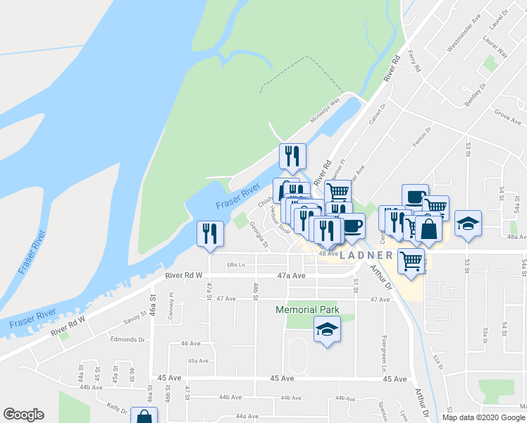 map of restaurants, bars, coffee shops, grocery stores, and more near 4975 River Reach in Delta