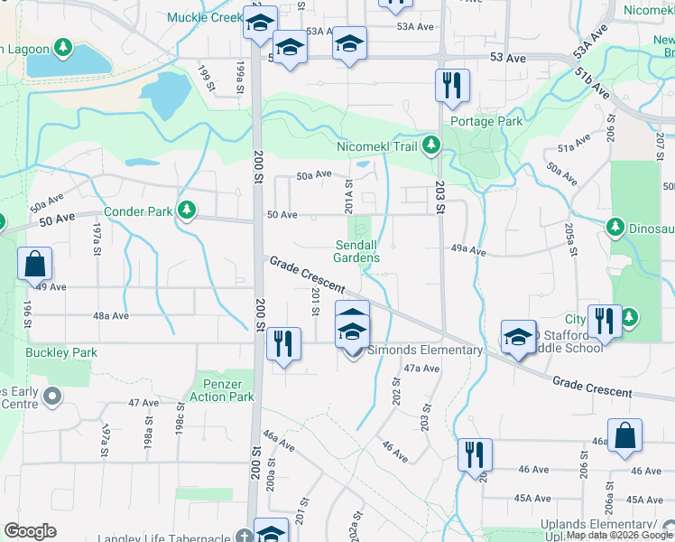 map of restaurants, bars, coffee shops, grocery stores, and more near 20141 Grade Crescent in Langley