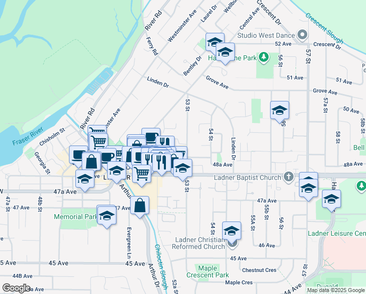 map of restaurants, bars, coffee shops, grocery stores, and more near 4885 53 Street in Delta
