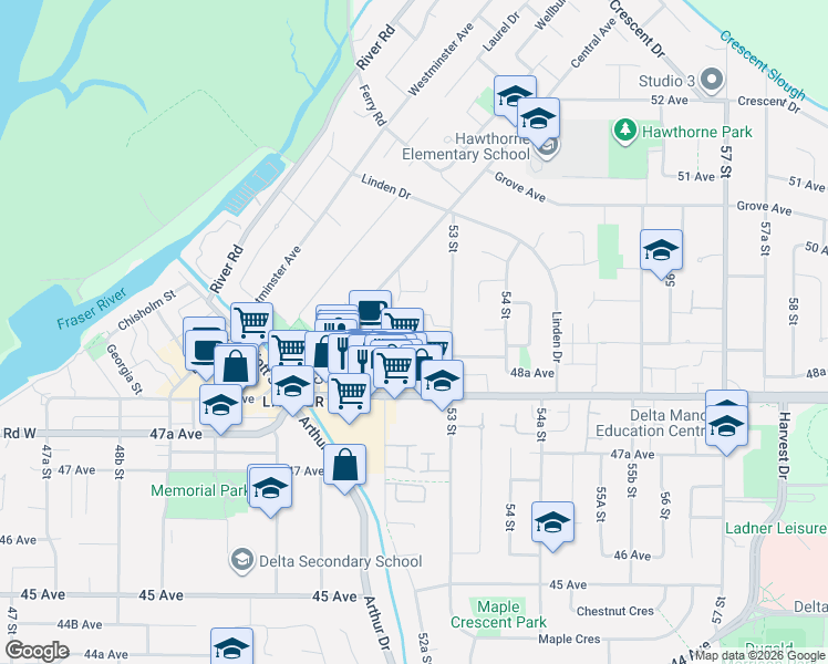 map of restaurants, bars, coffee shops, grocery stores, and more near 4845 53 Street in Delta