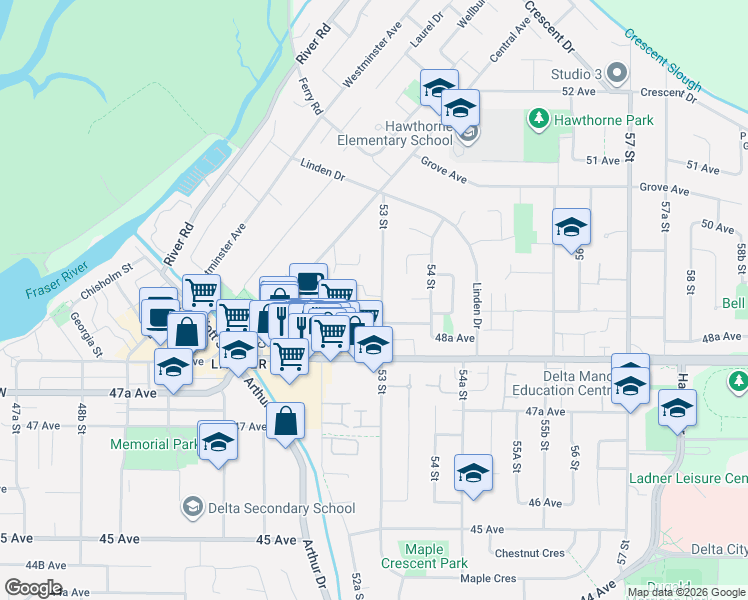 map of restaurants, bars, coffee shops, grocery stores, and more near 4885 53 Street in Delta