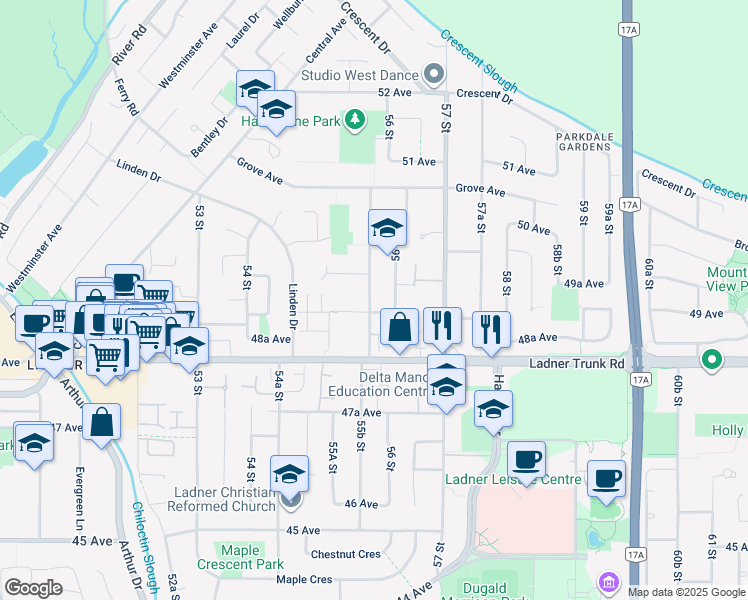 map of restaurants, bars, coffee shops, grocery stores, and more near in Delta