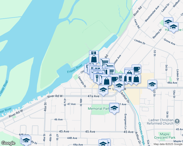 map of restaurants, bars, coffee shops, grocery stores, and more near 4893 Delta Street in Delta