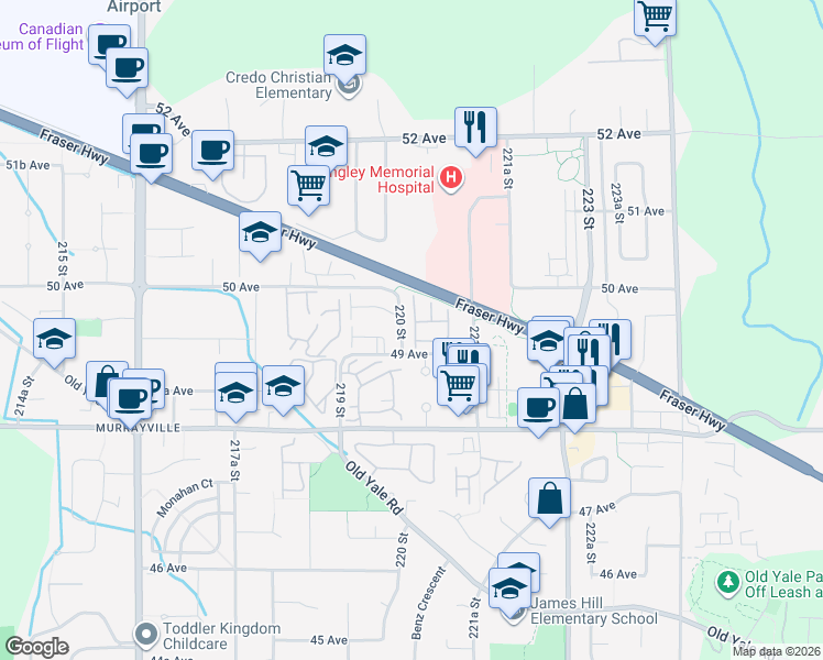 map of restaurants, bars, coffee shops, grocery stores, and more near 22057 49 Avenue in Langley Township