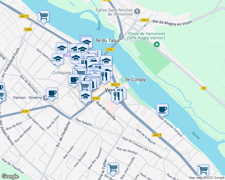 map of restaurants, bars, coffee shops, grocery stores, and more near in Vernon