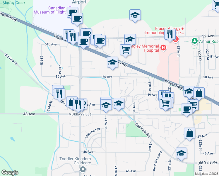 map of restaurants, bars, coffee shops, grocery stores, and more near 21761 49A Avenue in Langley