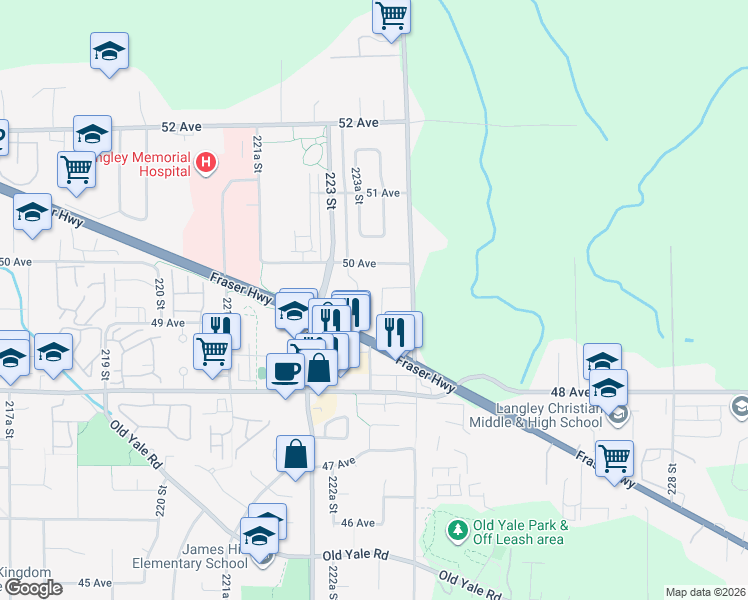 map of restaurants, bars, coffee shops, grocery stores, and more near 4921 223B Street in Langley