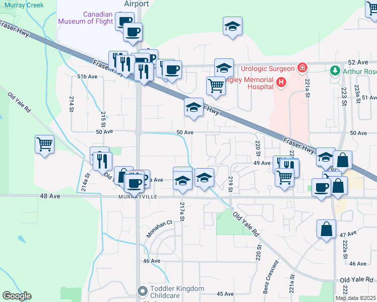 map of restaurants, bars, coffee shops, grocery stores, and more near 21761 49A Avenue in Langley