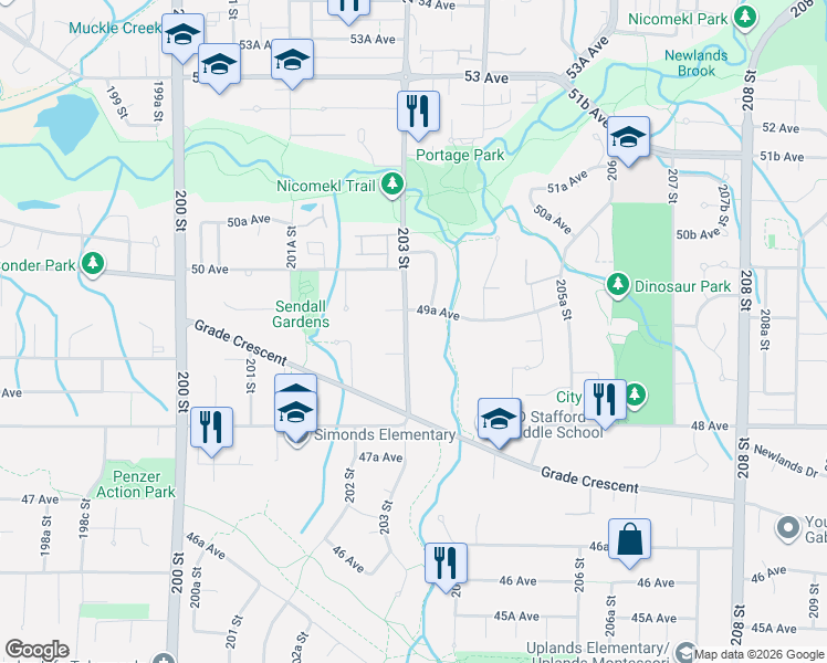 map of restaurants, bars, coffee shops, grocery stores, and more near 4954 203 Street in Langley