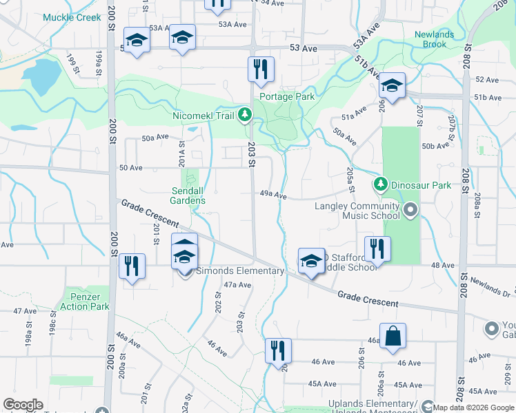 map of restaurants, bars, coffee shops, grocery stores, and more near 4954 203 Street in Langley
