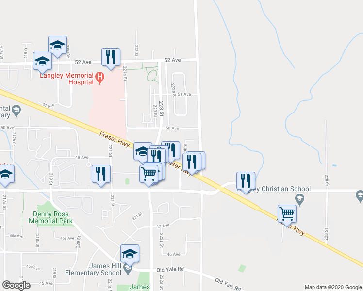 map of restaurants, bars, coffee shops, grocery stores, and more near 4921 223B Street in Langley City