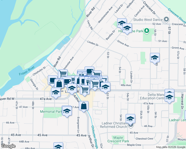 map of restaurants, bars, coffee shops, grocery stores, and more near 4900 Central Avenue in Delta