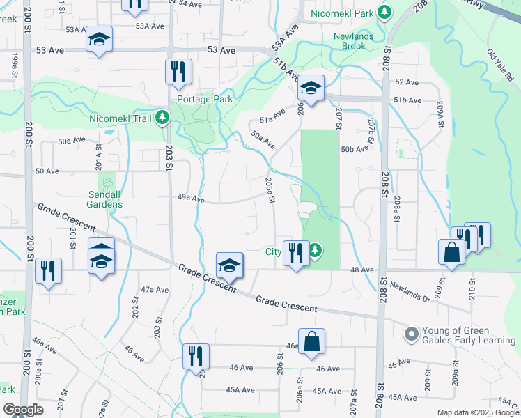 map of restaurants, bars, coffee shops, grocery stores, and more near 4932 205 Street in Langley
