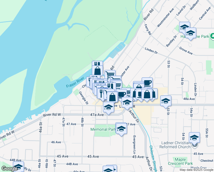 map of restaurants, bars, coffee shops, grocery stores, and more near 4915 Elliott Street in Delta