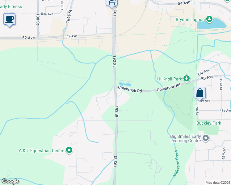 map of restaurants, bars, coffee shops, grocery stores, and more near 192 Street in Surrey