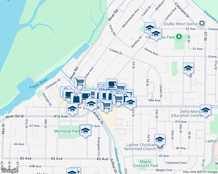map of restaurants, bars, coffee shops, grocery stores, and more near 4910 Central Avenue in Delta