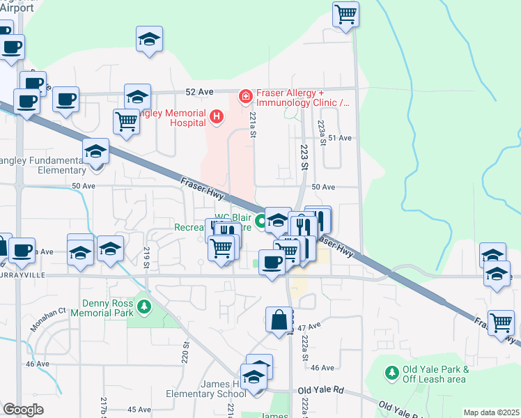 map of restaurants, bars, coffee shops, grocery stores, and more near 21678 Fraser Highway in Langley
