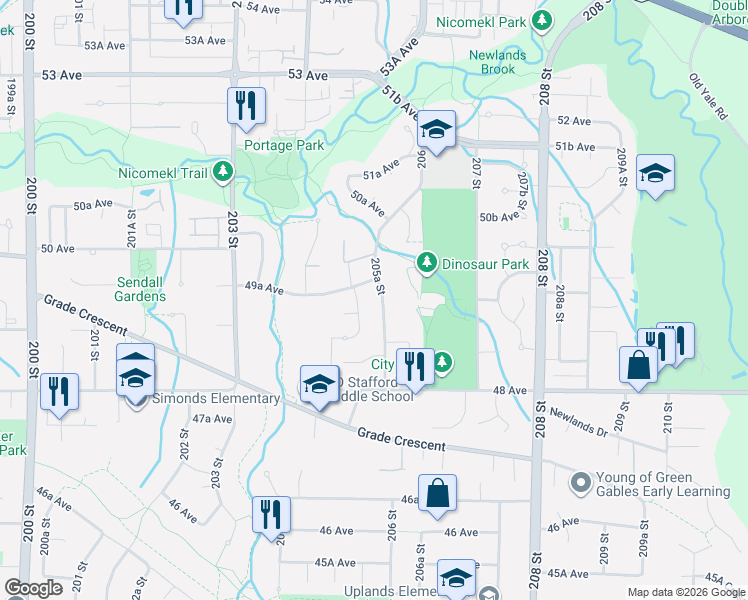 map of restaurants, bars, coffee shops, grocery stores, and more near 4930 205A Street in Langley