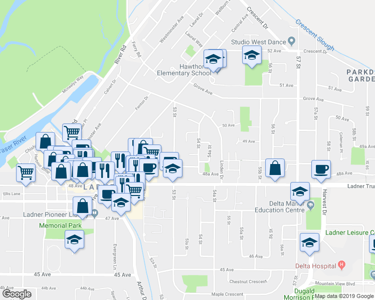 map of restaurants, bars, coffee shops, grocery stores, and more near 5367 Hazel Court in Delta