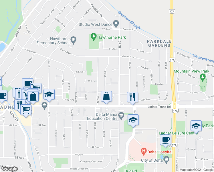 map of restaurants, bars, coffee shops, grocery stores, and more near 4908 56 Street in Delta