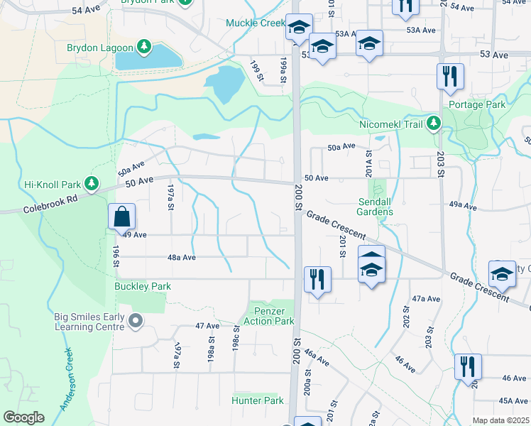 map of restaurants, bars, coffee shops, grocery stores, and more near 4951 199A Street in Langley