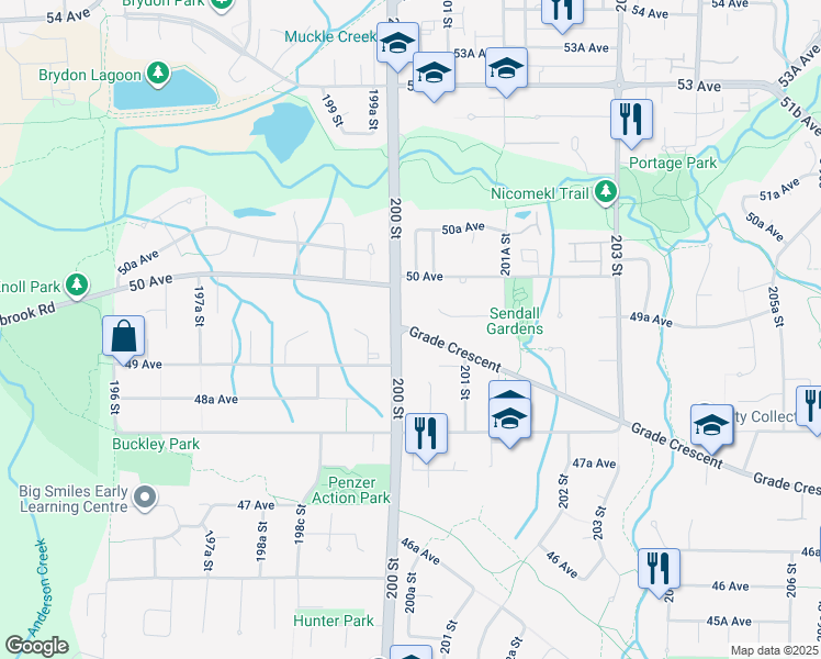 map of restaurants, bars, coffee shops, grocery stores, and more near 20025 Grade Crescent in Langley