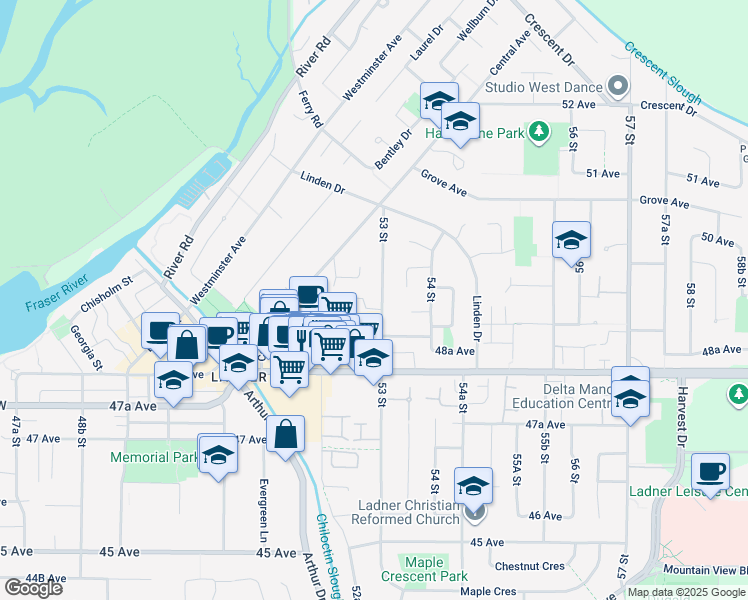 map of restaurants, bars, coffee shops, grocery stores, and more near 4911 53 Street in Delta