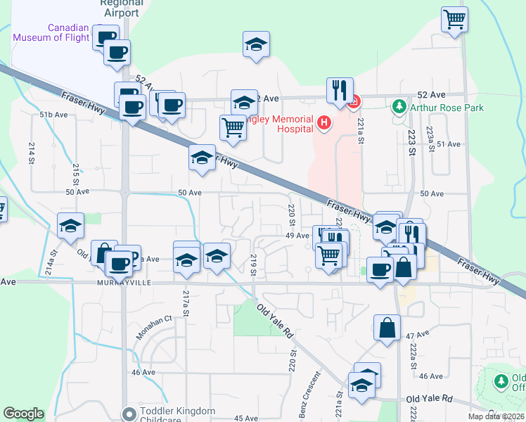 map of restaurants, bars, coffee shops, grocery stores, and more near 4967 220 Street in Langley Township