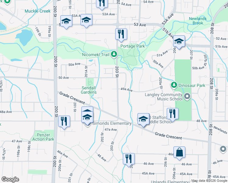 map of restaurants, bars, coffee shops, grocery stores, and more near 20294 49A Avenue in Langley