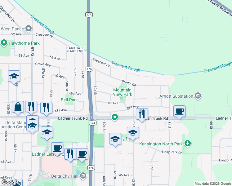 map of restaurants, bars, coffee shops, grocery stores, and more near 6127 Galbraith Crescent in Delta