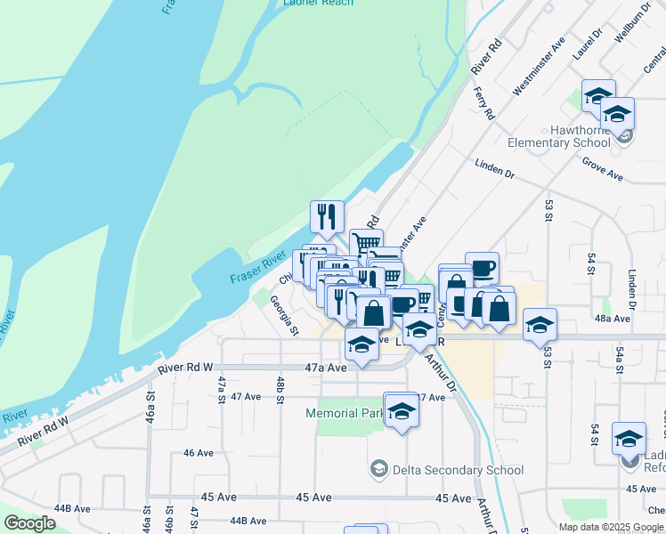map of restaurants, bars, coffee shops, grocery stores, and more near 4916 Trenant Lane in Delta