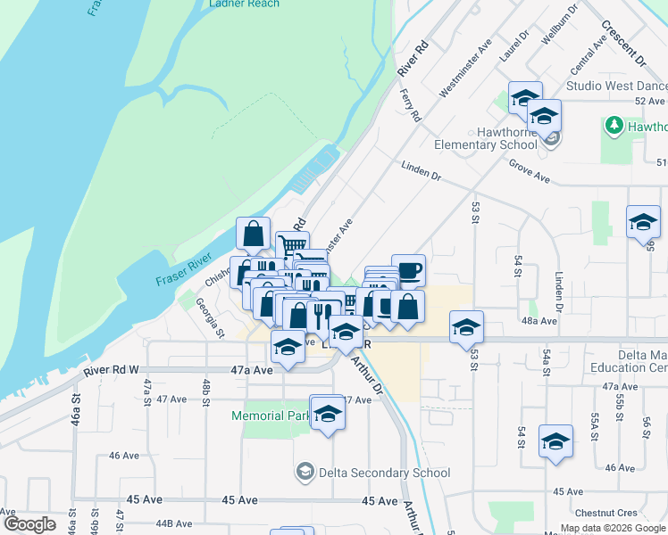 map of restaurants, bars, coffee shops, grocery stores, and more near 5158 Westminster Lane in Delta