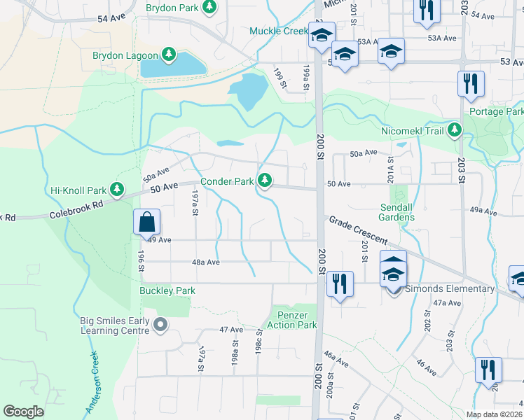 map of restaurants, bars, coffee shops, grocery stores, and more near 4965 198B Street in Langley