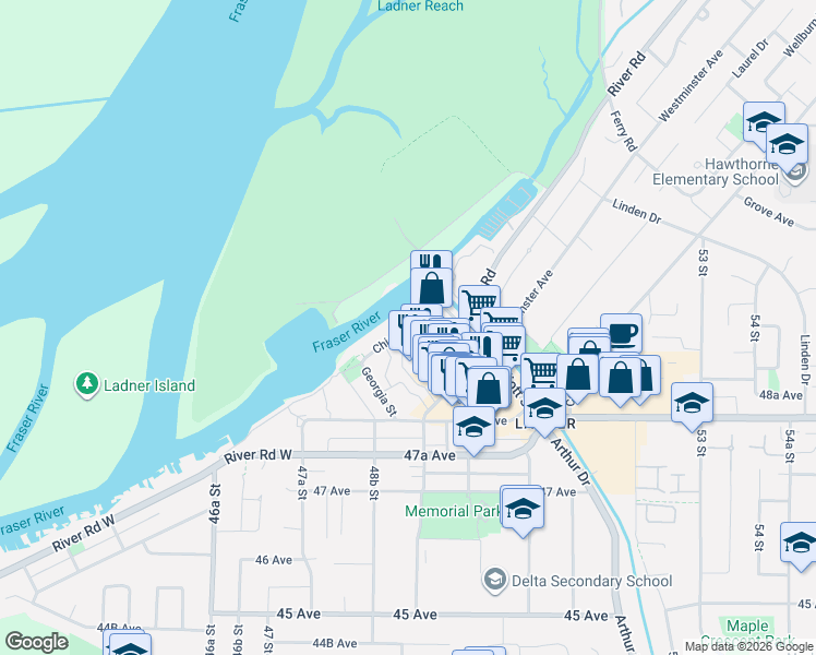 map of restaurants, bars, coffee shops, grocery stores, and more near Chisholm Street in Delta