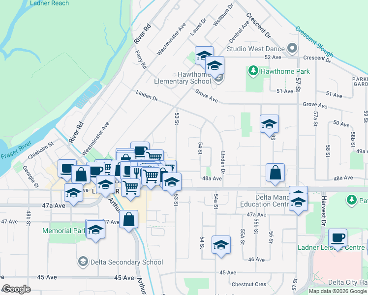 map of restaurants, bars, coffee shops, grocery stores, and more near 4925 53A Street in Delta