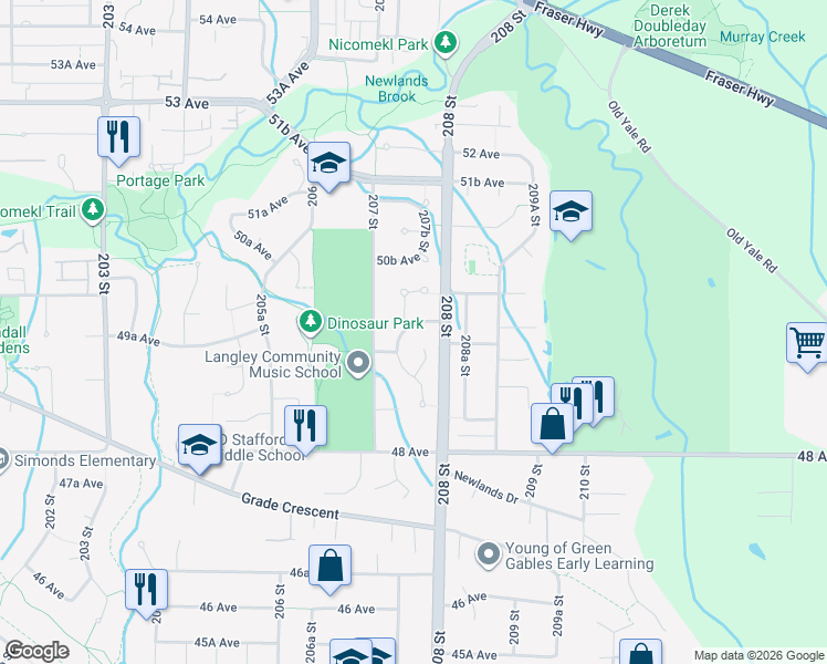 map of restaurants, bars, coffee shops, grocery stores, and more near 20742 50 Avenue in Langley