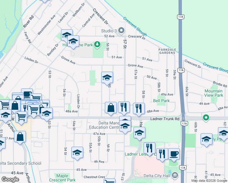 map of restaurants, bars, coffee shops, grocery stores, and more near 4949 57 Street in Delta