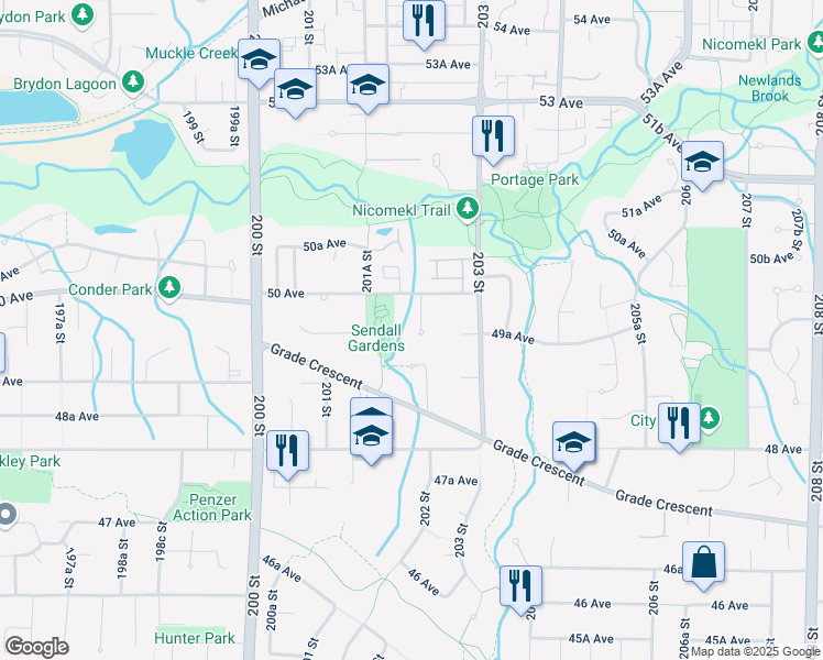 map of restaurants, bars, coffee shops, grocery stores, and more near 4961 202A Street in Langley