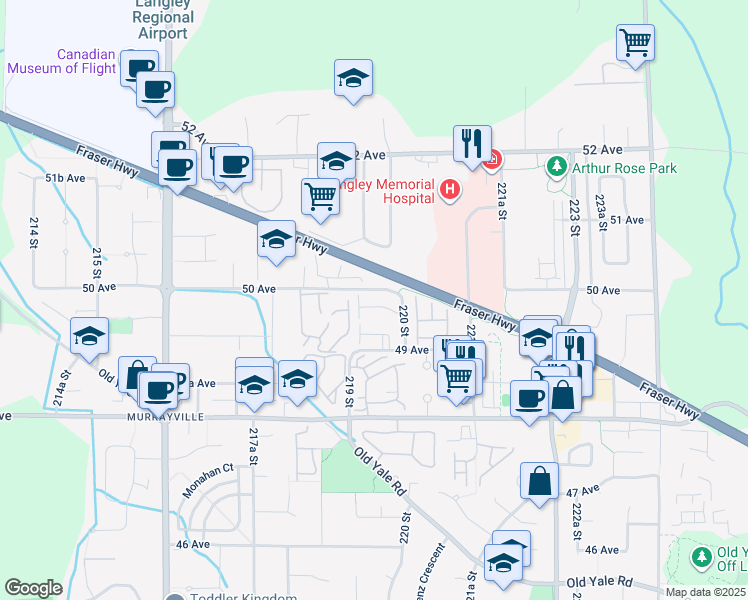 map of restaurants, bars, coffee shops, grocery stores, and more near 4967 220 Street in Langley Township