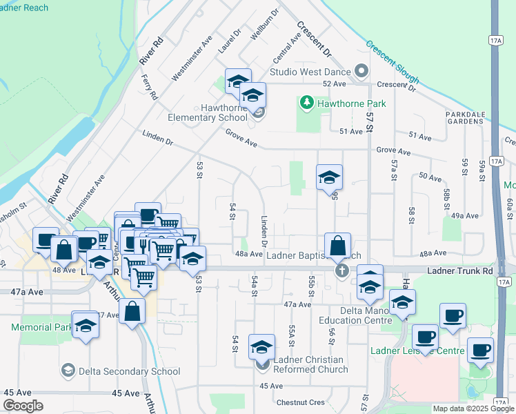 map of restaurants, bars, coffee shops, grocery stores, and more near 4939 Linden Drive in Delta