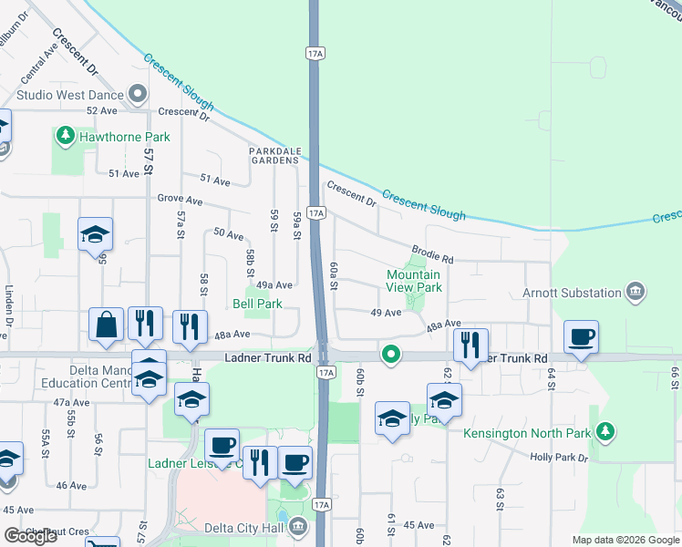 map of restaurants, bars, coffee shops, grocery stores, and more near 4942 60A Street in Delta