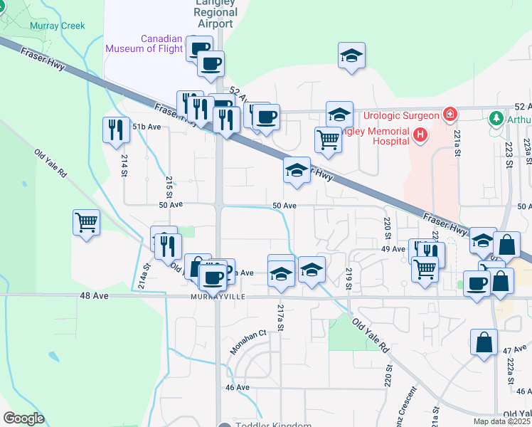 map of restaurants, bars, coffee shops, grocery stores, and more near 21708 50 Avenue in Langley