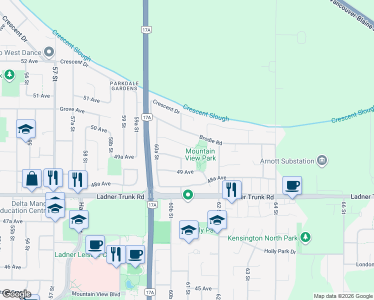map of restaurants, bars, coffee shops, grocery stores, and more near 6114 49B Avenue in Delta