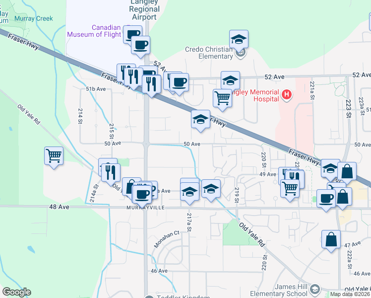 map of restaurants, bars, coffee shops, grocery stores, and more near 21720 50 Avenue in Langley