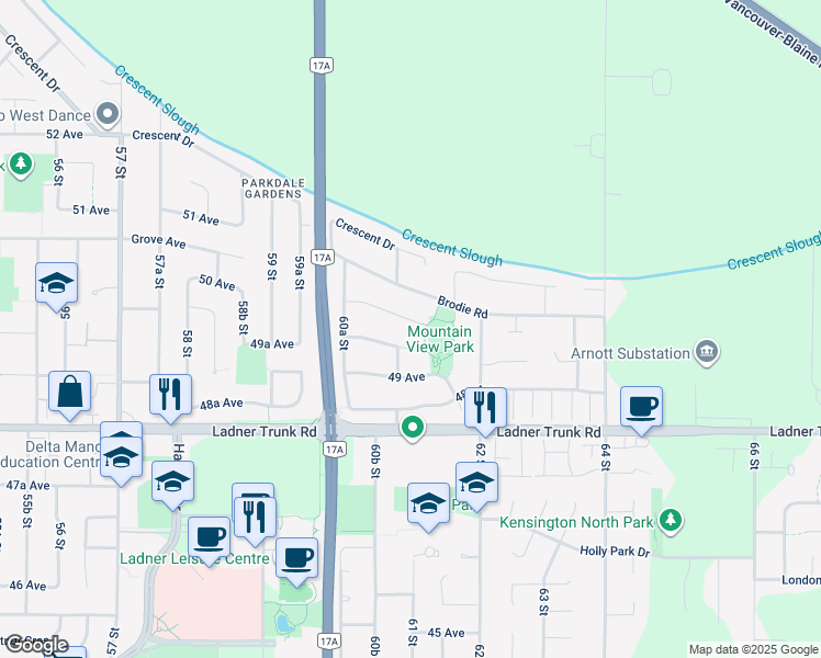 map of restaurants, bars, coffee shops, grocery stores, and more near 6114 49B Avenue in Delta